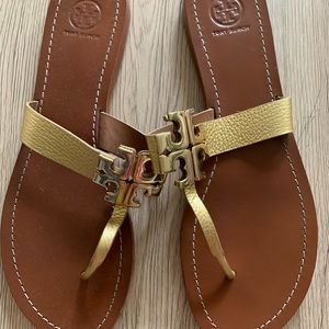 Tory Burch tan and gold sandal, size 10.5